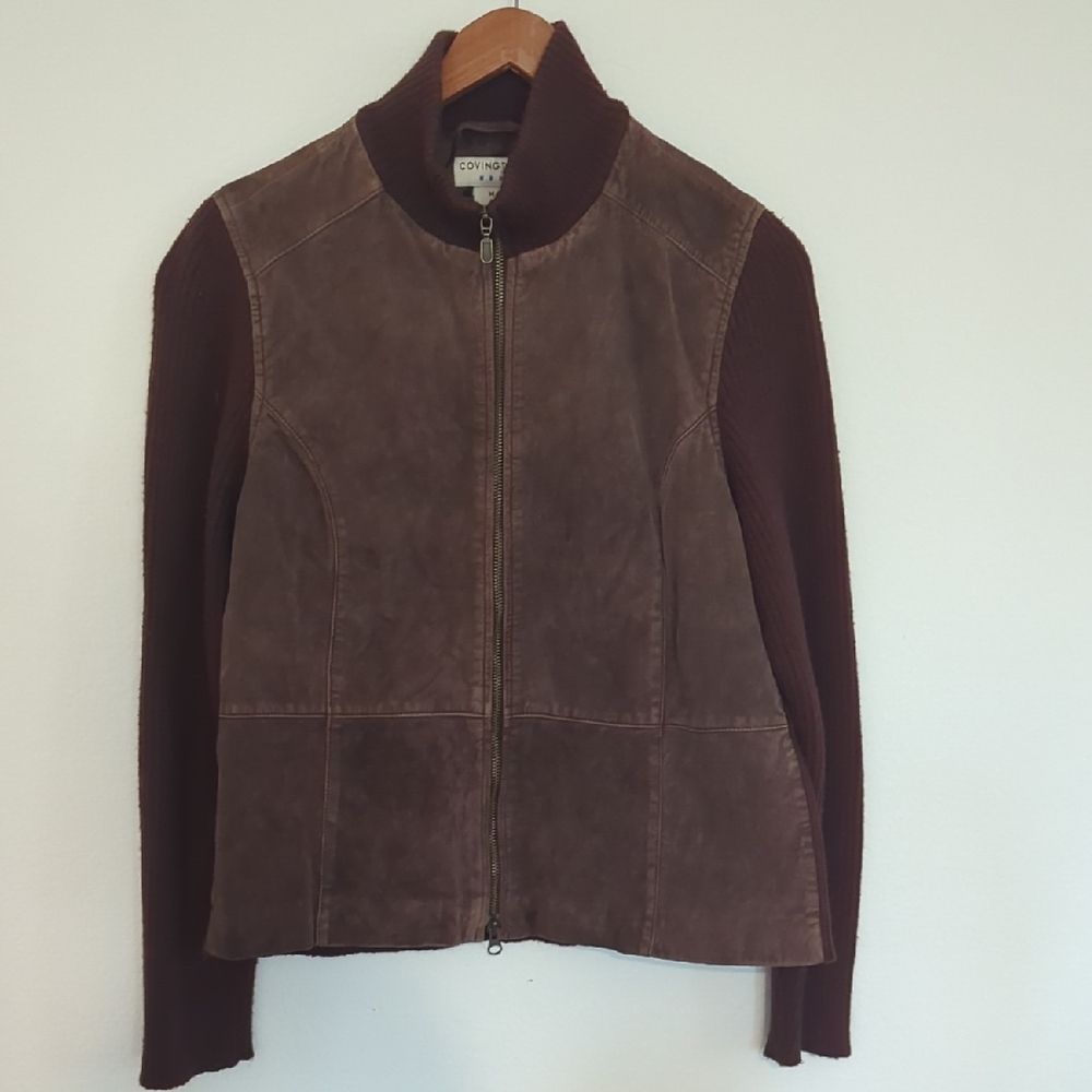 Women's Brown Leather And Sweater Jacket